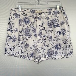 Cynthia Rowley Linen Blue Floral Shorts Sz 12 Pleated Front Cuffed Pockets